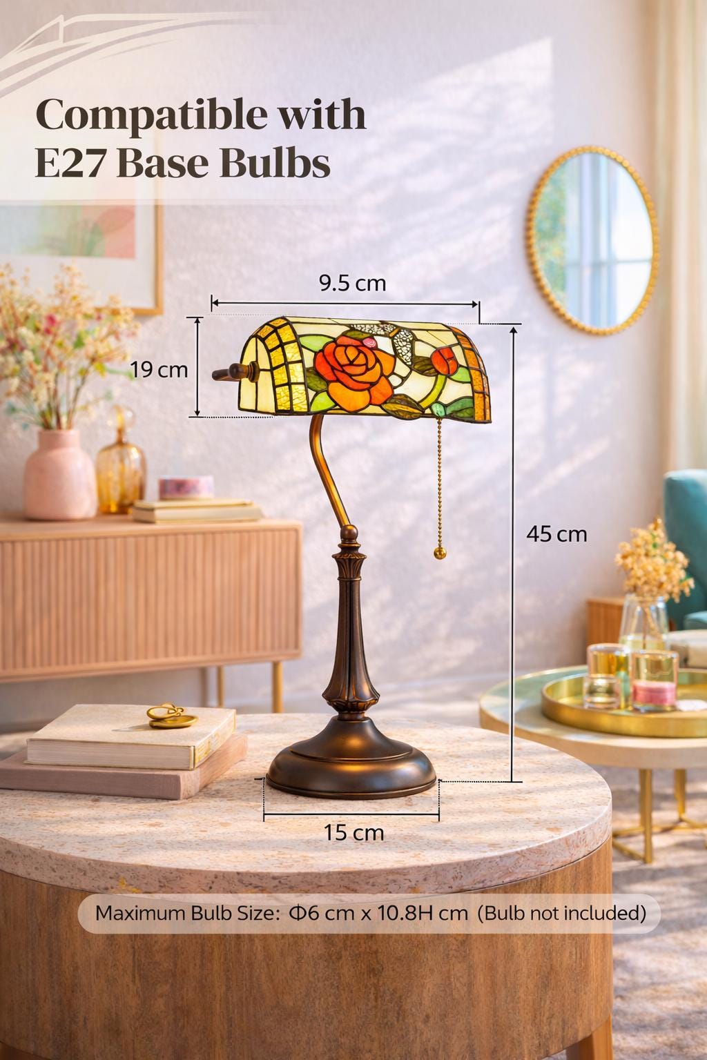 Tiffany Style Table Lamp | Banker light Stained Glass Bronze Base