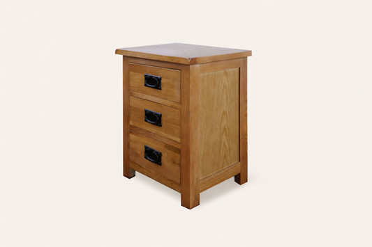 Oak Bedside Table | 3 Drawer Farmhouse Nightstand Fully Assembled
