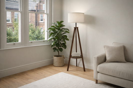 Nordic Floor Lamp with Shelf | Wooden Tripod Linen Shade Light