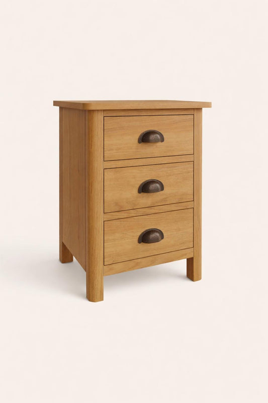 Rustic Oak Bedside Table | 3 Drawer Farmhouse Nightstand