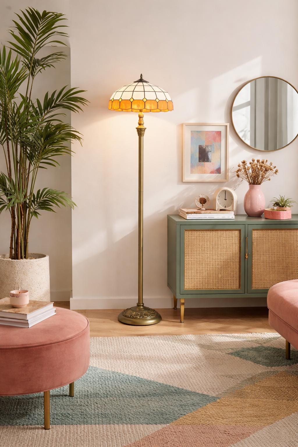 Tiffany Floor lamp - Brass lamp -  Blue or orange lamp shade