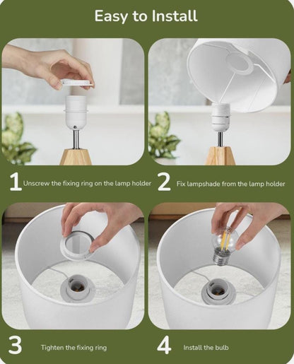 Wooden Table Lamp with White Fabric Drum Shade – Nordic Bedside Light