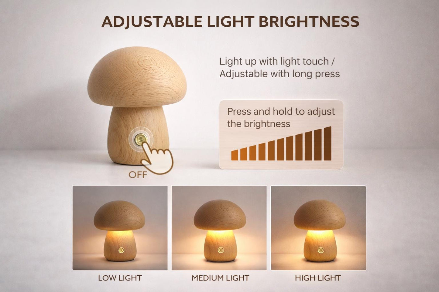 Wooden Mushroom Night Light - Cute wood lamp - Rechargeable light