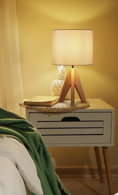 Wooden Table Lamp with White Fabric Drum Shade – Nordic Bedside Light