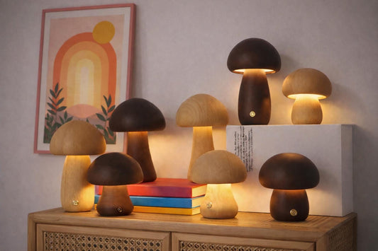 Wooden Mushroom Night Light - Cute wood lamp - Rechargeable light