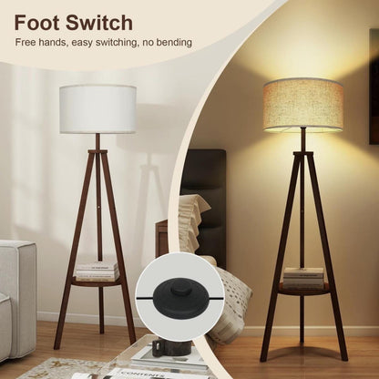 Tripod Floor Lamp – Wooden Standing Lamp with Fabric Shade, Nordic