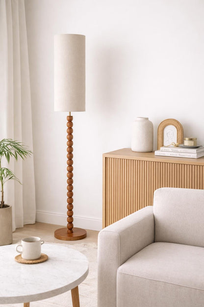 Rubberwood Floor lamp - Linen lamp shade - Mid century