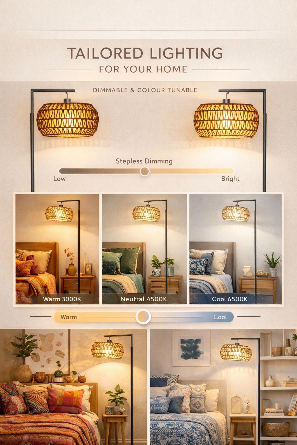 Boho Floor lamp - Adjustable rattan lamp shade - remote control option