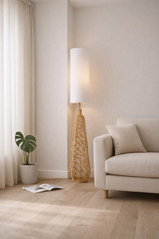 Rattan wicker Floor lamp - Urban decor - linen drum lampshade