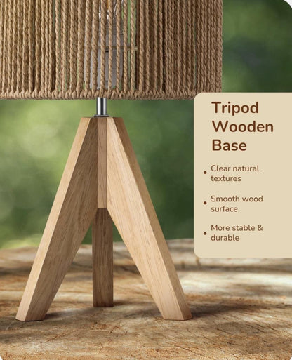 Wooden Table Lamp with Rope Shade – Boho Rustic