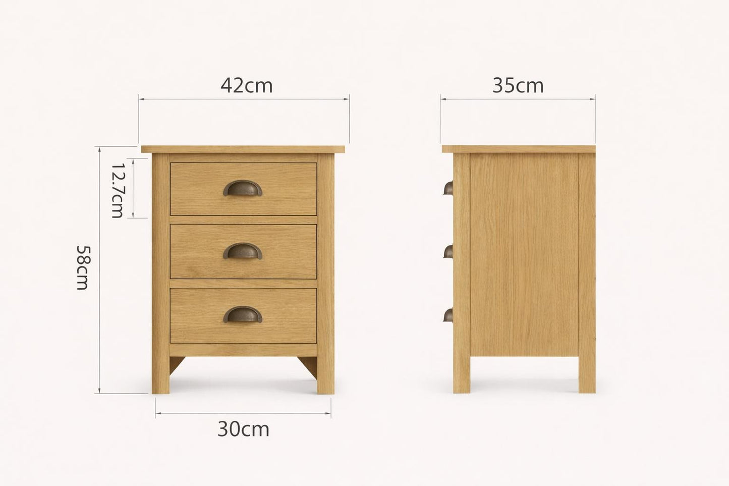 Rustic Solid Oak Bedside table - Antique Brass cup handles