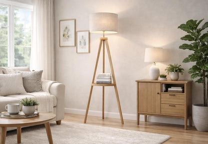 Tripod Floor Lamp – Wooden Standing Lamp with Fabric Shade, Nordic