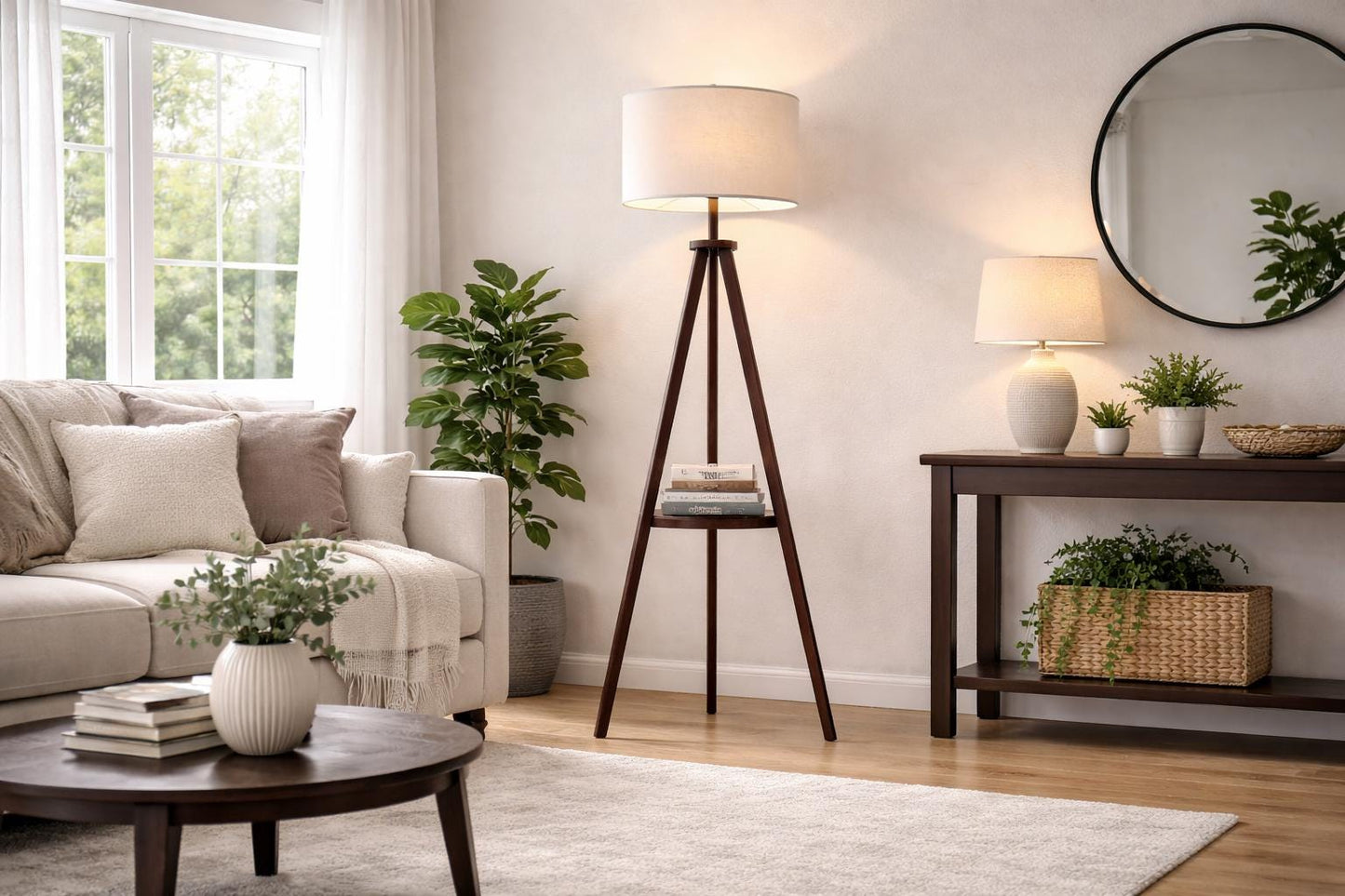 Tripod Floor Lamp – Wooden Standing Lamp with Fabric Shade, Nordic