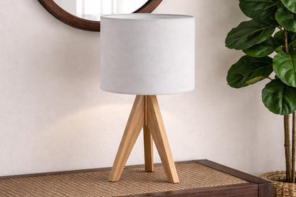 Wooden Table Lamp with White Fabric Drum Shade – Nordic Bedside Light