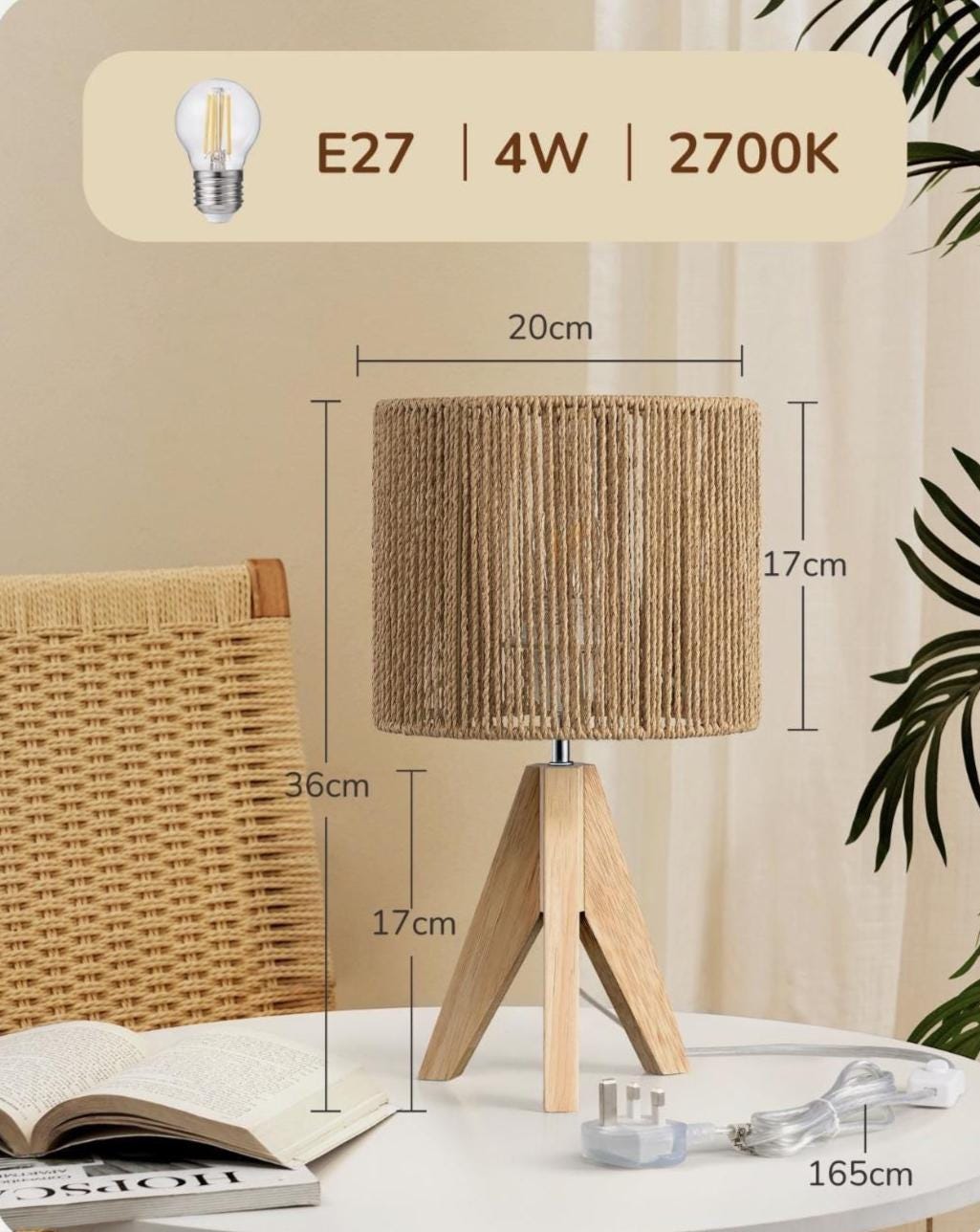 Wooden Table Lamp with Rope Shade – Boho Rustic