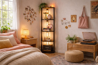 Solid Wooden shelving with built in lamp