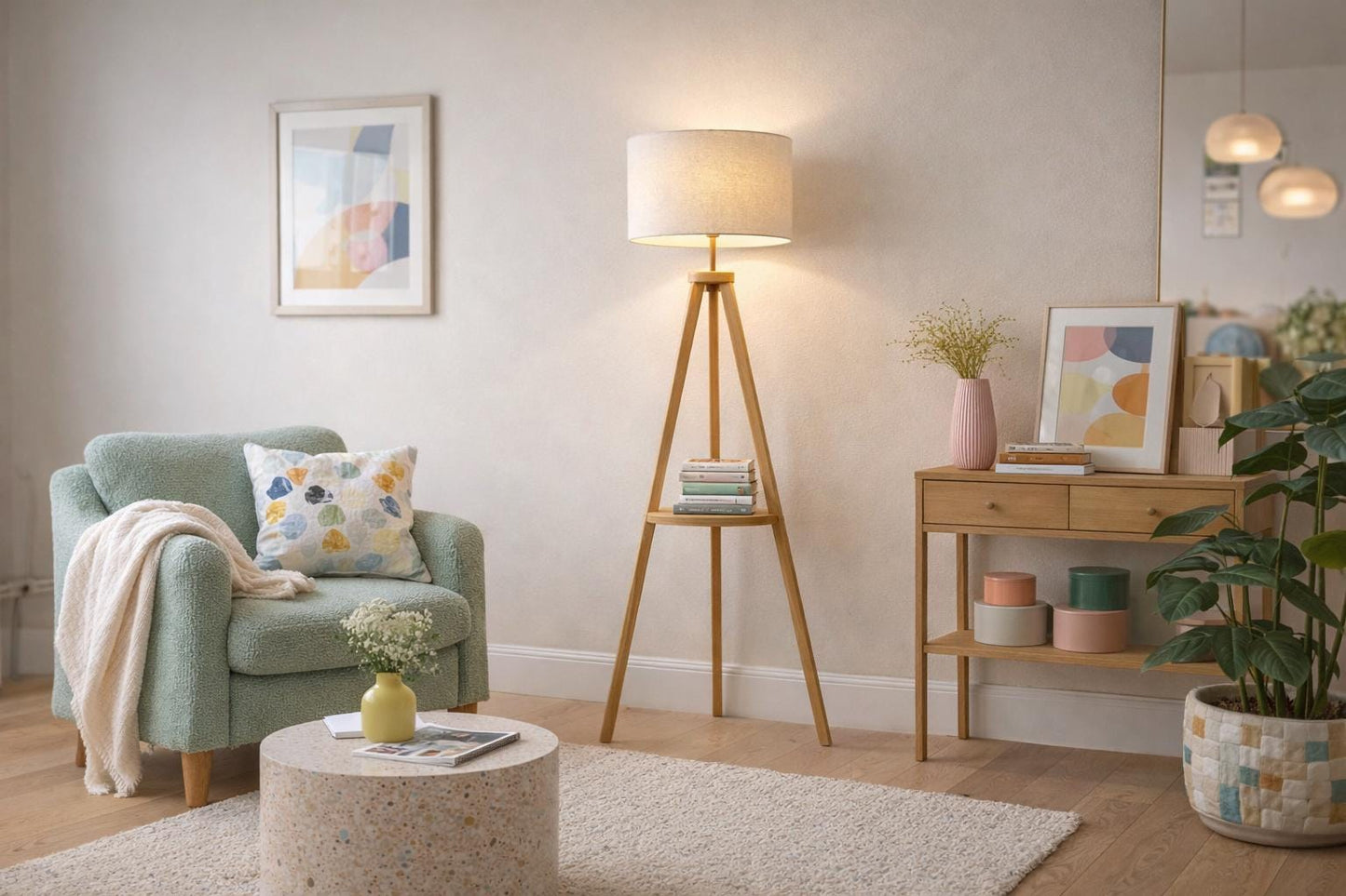 Tripod Floor Lamp – Wooden Standing Lamp with Fabric Shade, Nordic