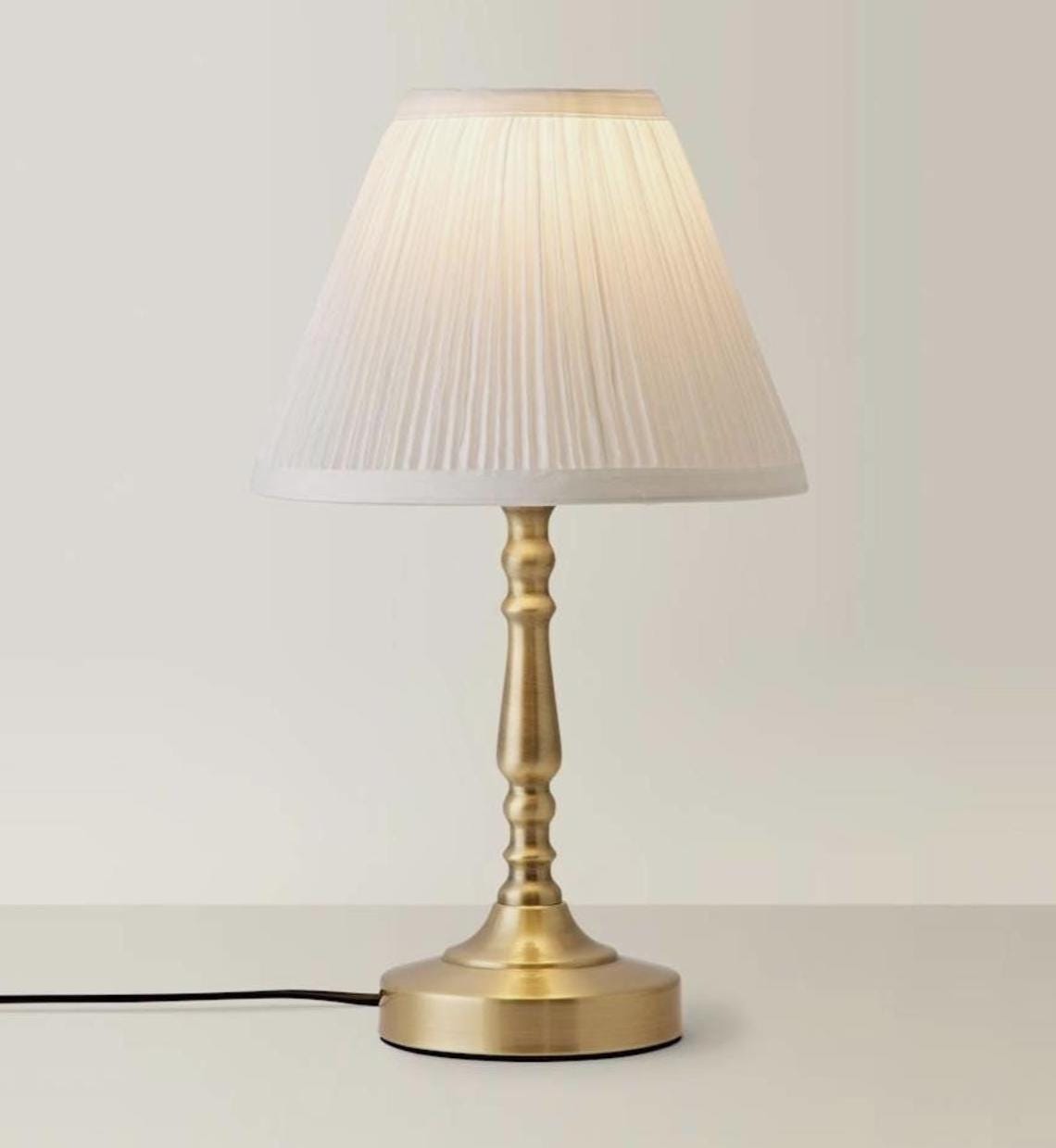 Brass Touch Table Lamp with Pleated Shade – Traditional Farmhouse Bedside Lamp