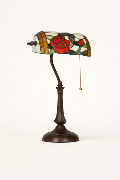 Tiffany Style Table Lamp | Banker light Stained Glass Bronze Base
