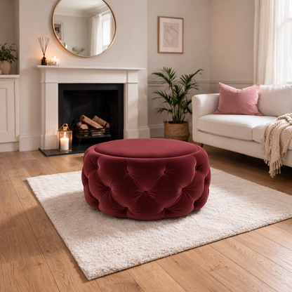 Red Velvet Ottoman with Storage | Round Coffee Table Pouf