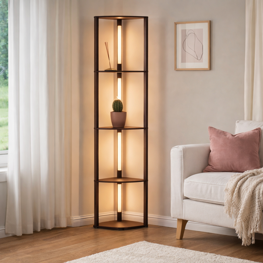 Floor Lamp with Shelves | Wooden Shelf Storage Light