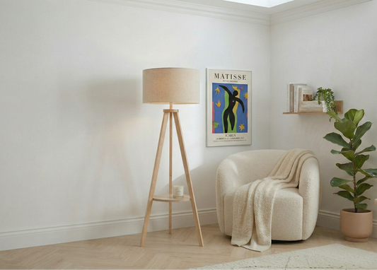 Nordic Floor Lamp with Shelf | Wooden Tripod Linen Shade Light