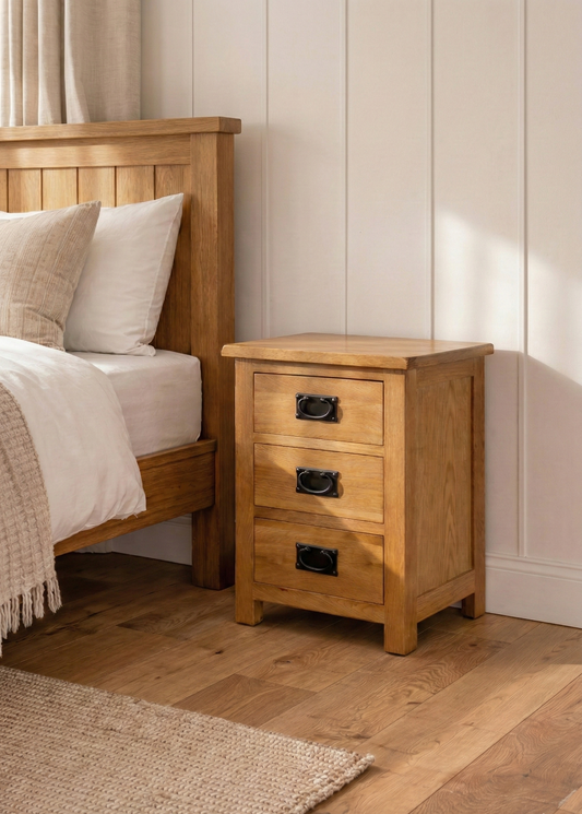Oak Bedside Table | 3 Drawer Farmhouse Nightstand Fully Assembled