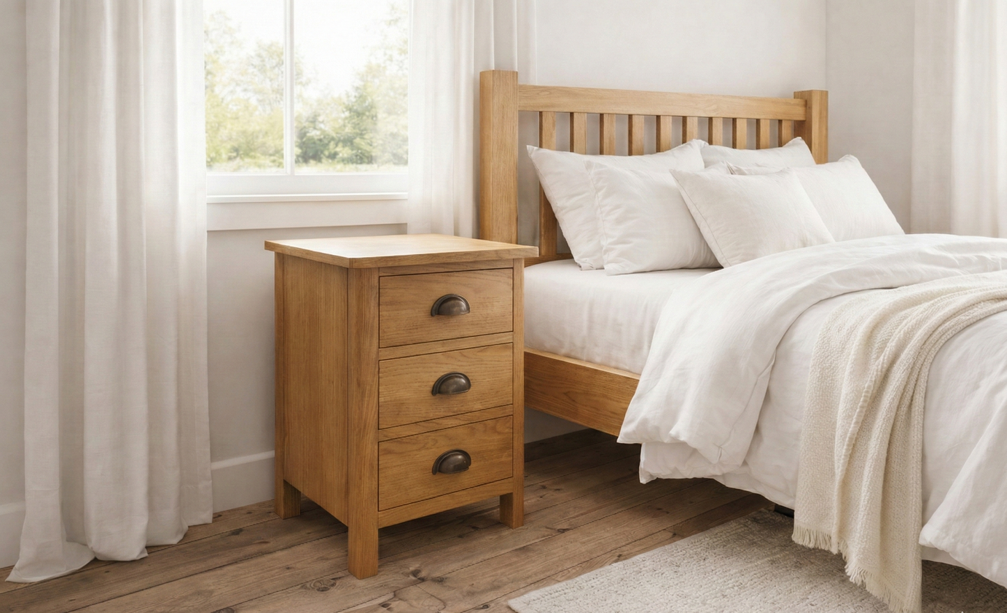Rustic Oak Bedside Table | 3 Drawer Farmhouse Nightstand