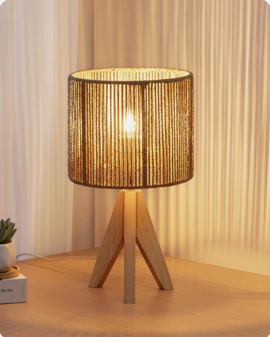 Wooden Table Lamp with Rope Shade – Boho Rustic