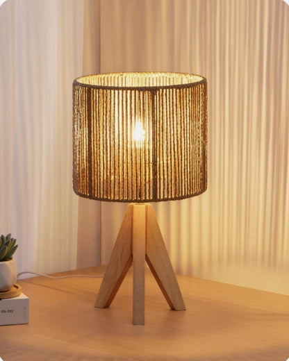 Wooden Table Lamp with Rope Shade – Boho Rustic