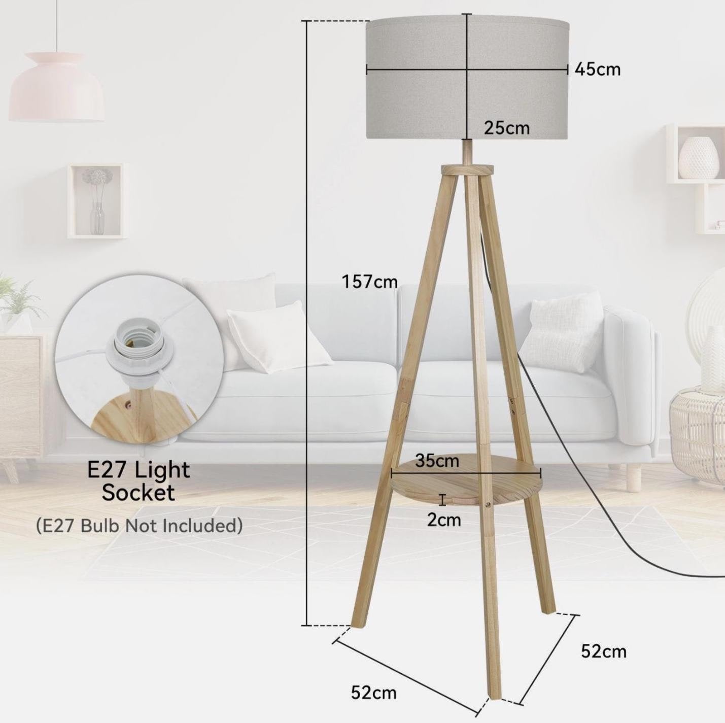 Tripod Floor Lamp – Wooden Standing Lamp with Fabric Shade, Nordic