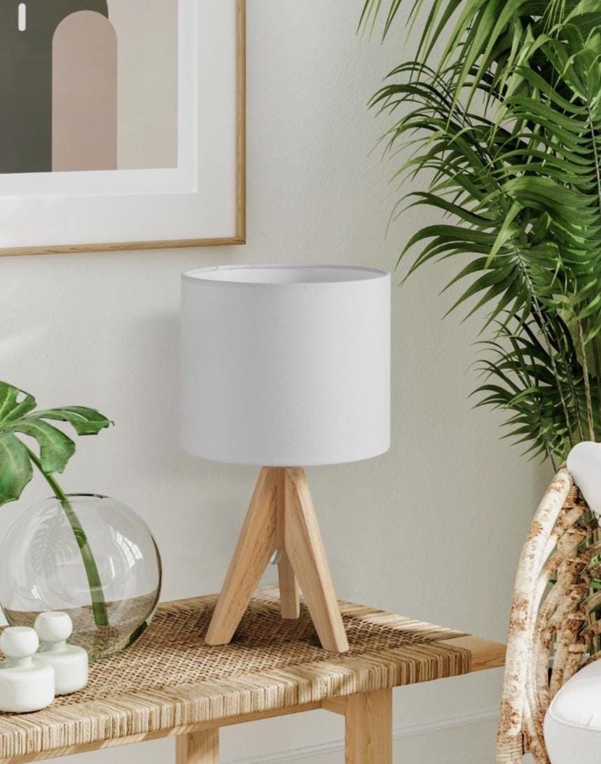 Wooden Table Lamp with White Fabric Drum Shade – Nordic Bedside Light