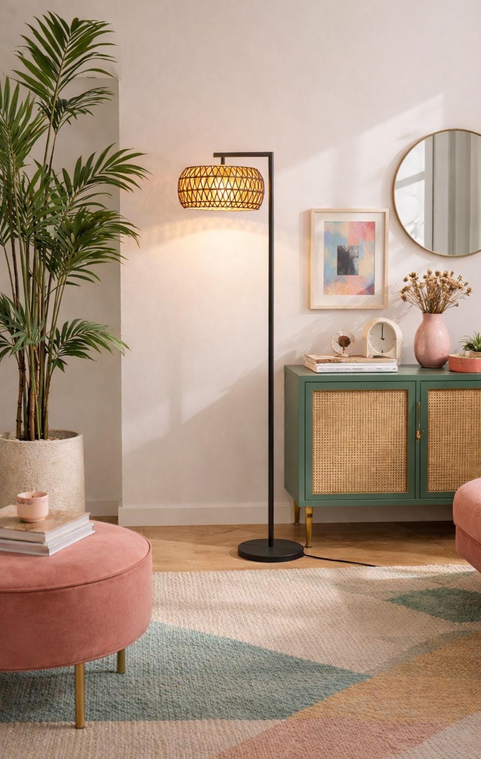 Boho Floor lamp - Adjustable rattan lamp shade - remote control option