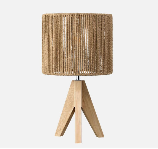 Wooden Table Lamp with Rope Shade – Boho Rustic