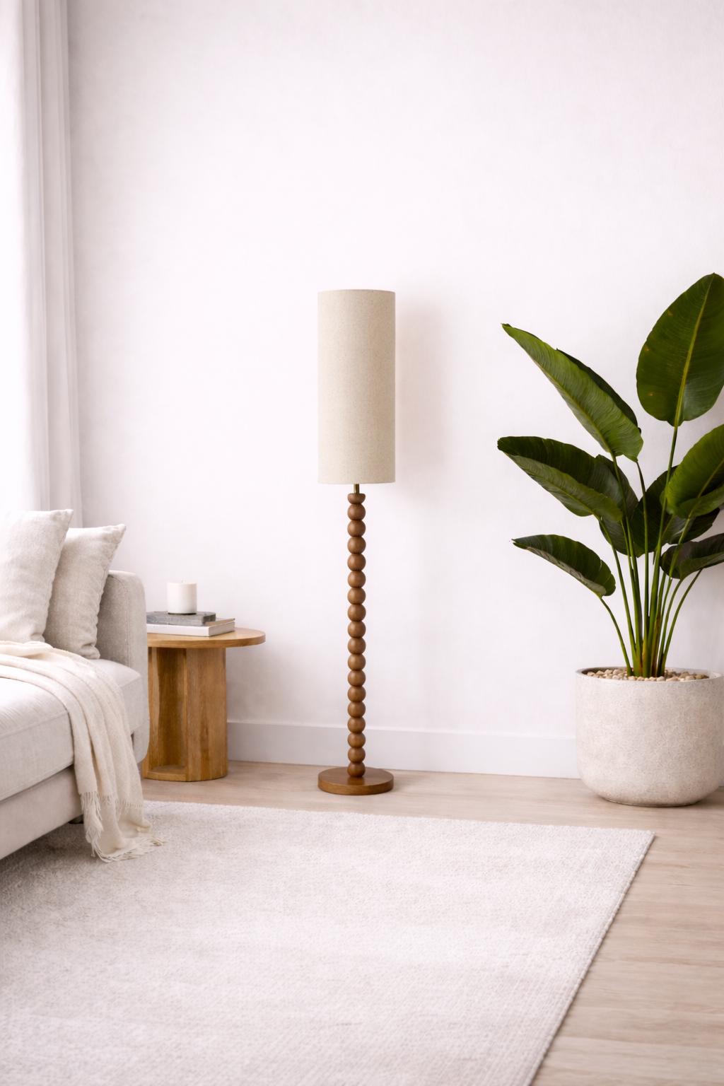 Rubberwood Floor lamp - Linen lamp shade - Mid century